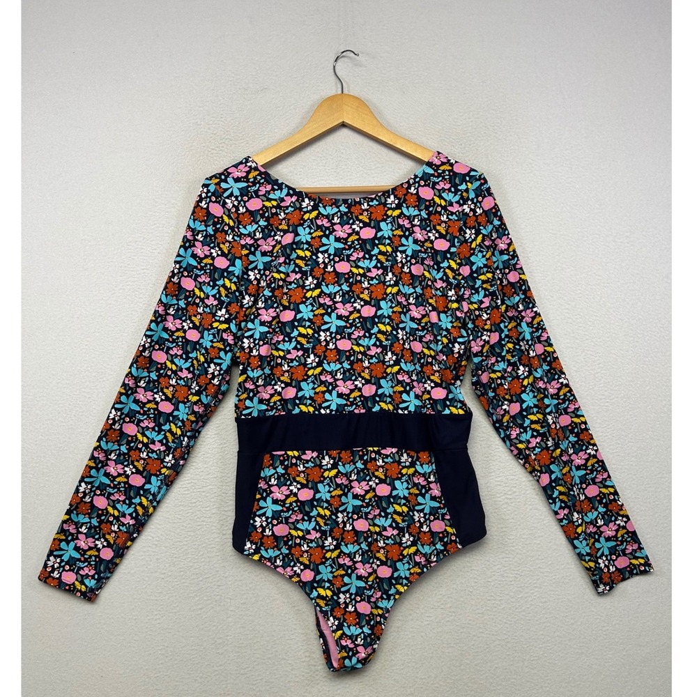 Tropical Surf Body Glove Womens 2X Navy Floral Long Sleeve Lace Up Swimsuit